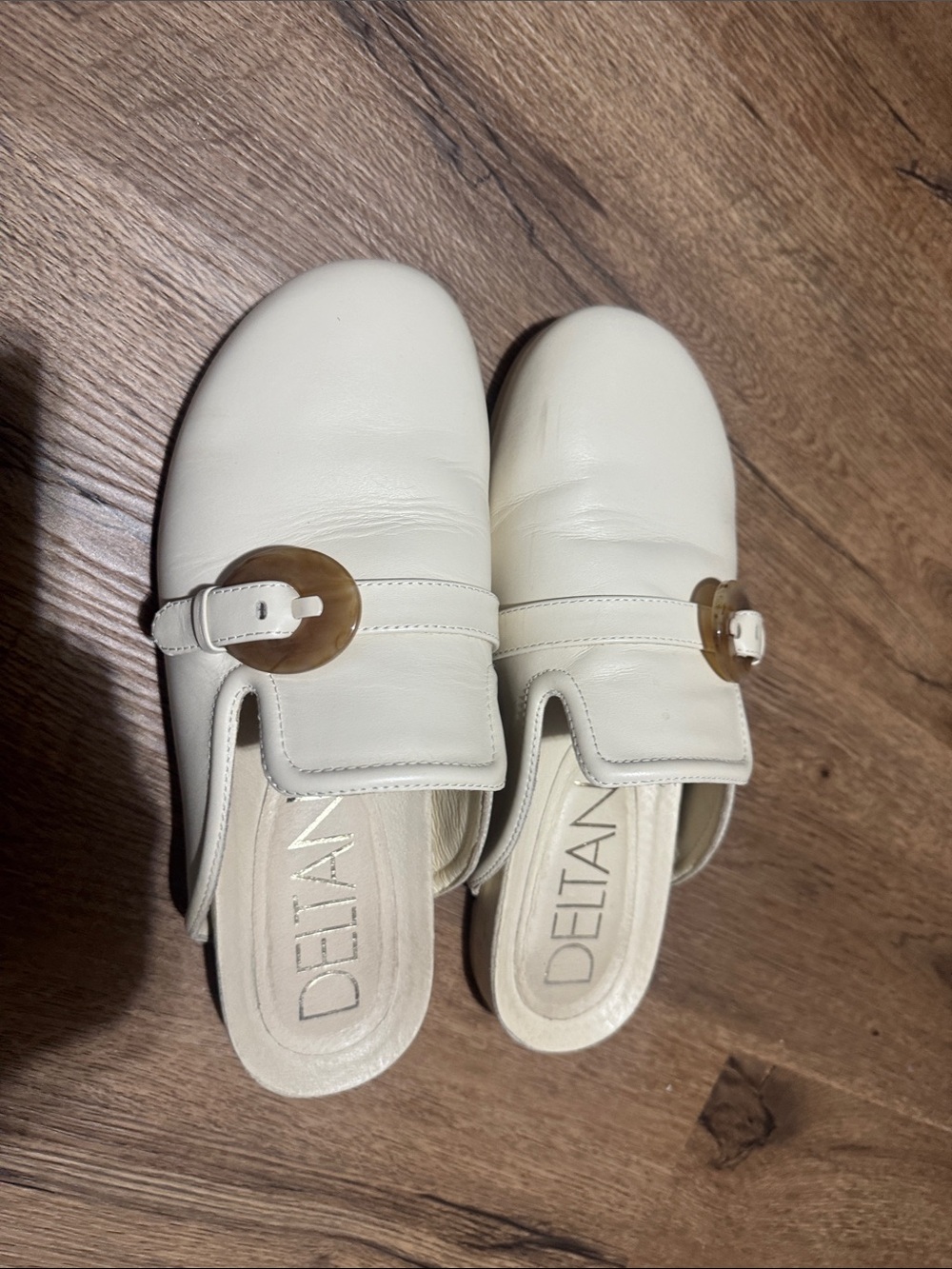 Delta Cream Leather Slip-On Mules with Tortoise Buckle